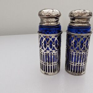 Vintage Cobalt Blue Glass Salt & Pepper Shakers Silver Filigree Art Deco Set